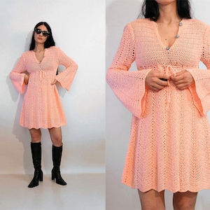 60s Blush Pink Crochet Wool Knit Dress, Vintage 1960s Bell Sleeve Sweater Dress, Pale Peach Pink Crocheted Mod Mini Dress