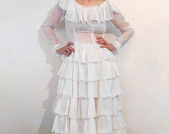 30s White Cotton Voile Tiered Dress, Vintage 1930s Sheer Cotton Gauze Ruffle Maxi Dress, 1930s White Gauze Wedding Dress