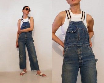 Rare 70s Madewell Patched & Faded Denim Overalls / Vintage 1970s Madewell Faded Patched Denim Vestback Overalls / Frayed Hem Denim Overalls