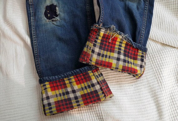 40s/50s Faded & Patched Flannel Lined Jeans 26x28… - image 6