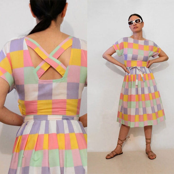 Rainbow Checkered Open Back Dress / Vintage 80s Pastel Rainbow Check Criss Cross Open Back Cotton Dress / Multicolored Checked Cotton Dress