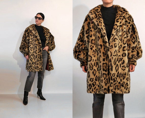 Leopard Faux Fur Balloon Sleeve Coat / Vintage 198