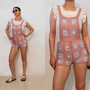 70s Granny Square Crochet Overall Romper / Vintage 1970s Dusty Rose & Lilac Afghan Crochet Knit Overall Shorts Romper / Crochet Shortalls image 1