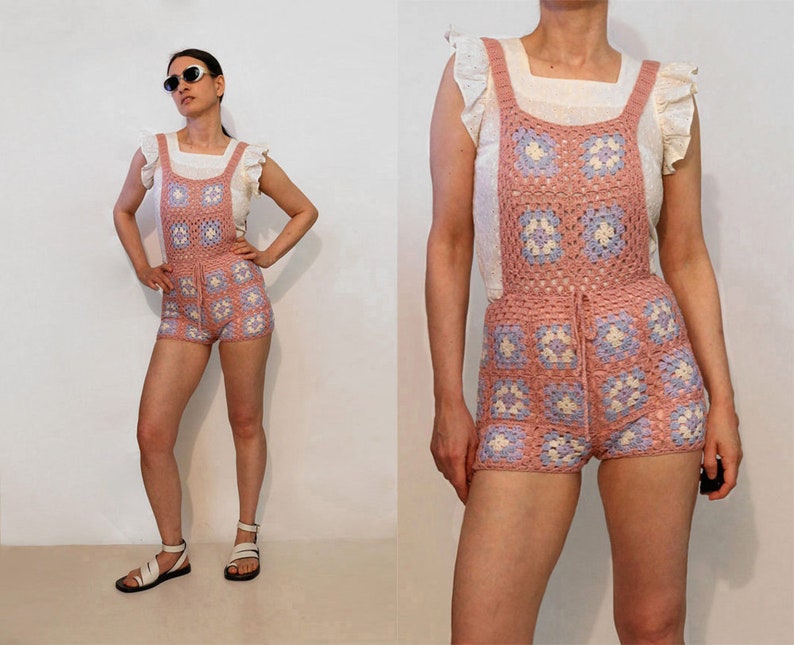 70s Granny Square Crochet Overall Romper / Vintage 1970s Dusty Rose & Lilac Afghan Crochet Knit Overall Shorts Romper / Crochet Shortalls image 1