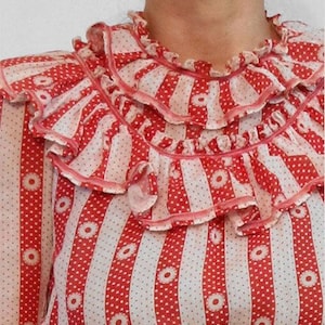 Antique Sienna Striped Ruffled Peplum Blouse / Vintage 1900s 1910s Victorian Burnt Sienna & White Striped Floral Ruffle Cropped Tie Blouse