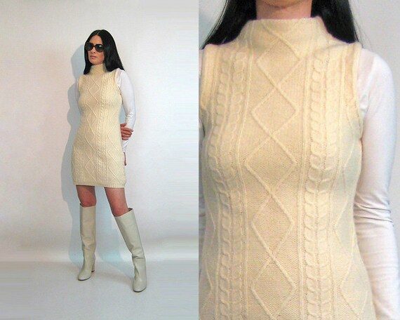 60s Cable Knit Wool Dress / Vintage 1960s Ivory Wo