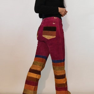 70s Rainbow Striped Suede Bell Bottoms 29x31 / Vintage 1960s 1970s Maroon Purple Red Multi-colored Stripe Suede Leather Flared Leg Pants image 7