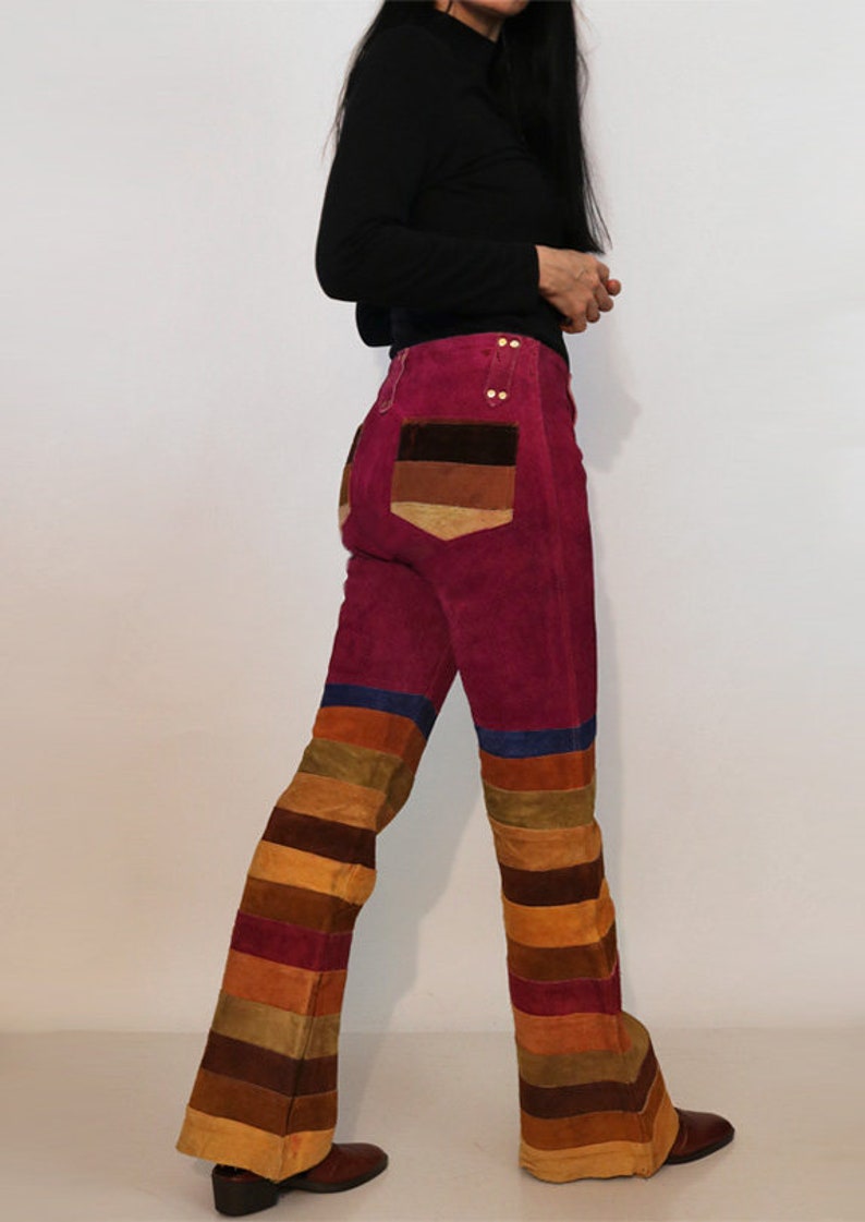 70s Rainbow Striped Suede Bell Bottoms 29x31 / Vintage 1960s 1970s Maroon Purple Red Multi-colored Stripe Suede Leather Flared Leg Pants image 7