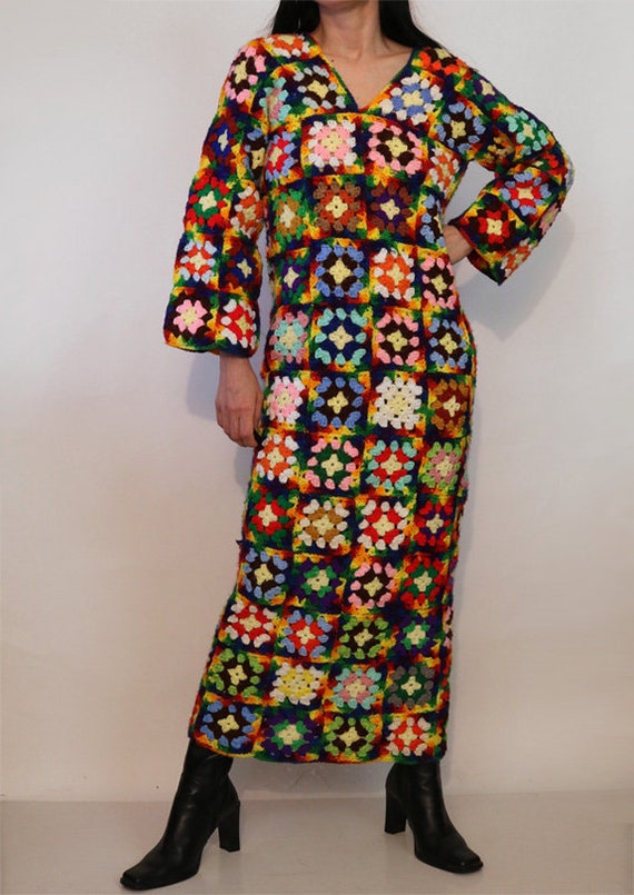 70s Rainbow Granny Square Crochet Wool Dress / Ra… - image 3