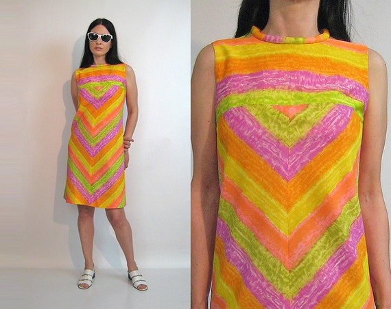 60s Sorbet Rainbow Chevron Dress / Vintage 1960s R