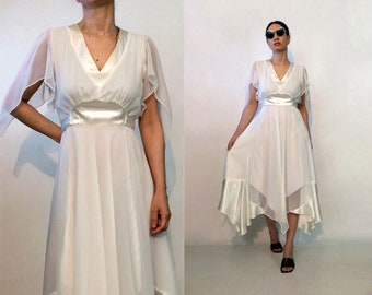 70s Sheer Gauze Pixie Hem Dress / Vintage 1970s White Gauze Hanky Hem + Sleeve Dress / Sheer White Gauze Handkerchief Dress