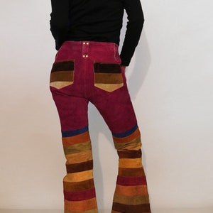 70s Rainbow Striped Suede Bell Bottoms 29x31 / Vintage 1960s 1970s Maroon Purple Red Multi-colored Stripe Suede Leather Flared Leg Pants image 8