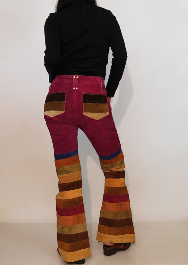 70s Rainbow Striped Suede Bell Bottoms 29x31 / Vintage 1960s 1970s Maroon Purple Red Multi-colored Stripe Suede Leather Flared Leg Pants image 8