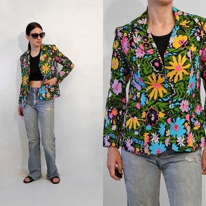 60s Midnight Garden Blazer / Vintage 1960s Black Neon Pastel Floral Blazer / 1960s 1970s Black Multi-colored Floral Jacket image 1