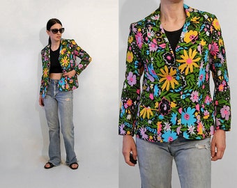 60s Midnight Garden Blazer / Vintage 1960s Black Neon Pastel Floral Blazer / 1960s 1970s Black Multi-colored Floral Jacket