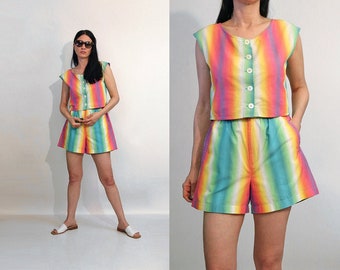 Rainbow Striped Cotton 2 Piece Shorts Set, Vintage 1980s Multicolor Stripes Shorts and Cropped Top Matching Set