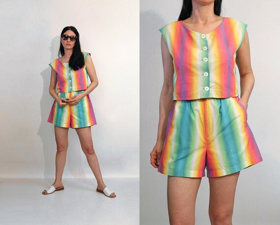 Rainbow Ombre Cotton Shorts Set / Vintage 1980s Ra