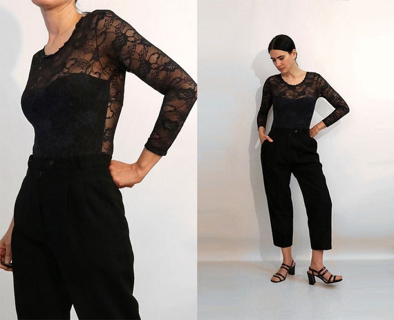 Black Lace Bodysuit / Vintage 1980s Black Floral L