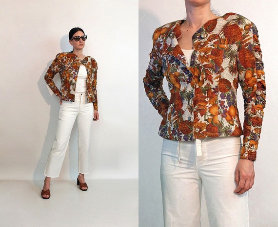 Linen Fruit Jacket / Vintage 1980s Fruit Print Lin