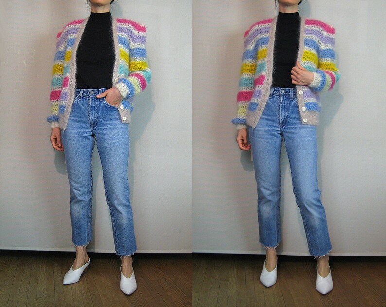 ON SALE Rainbow STRIPED Mohair Cardigan Vintage 70s 80s Handknit Mohair Angora Goat Cardigan Hand Knit Mohair Cardigan Rainbow Striped Sweat