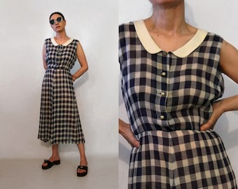 30s Checkered Cotton Gauze Dress / Vintage 1930s 1940s Blue n White Check Cotton Dress w/ Peter Pan Collar / 30s Cotton Checked Plaid Dress