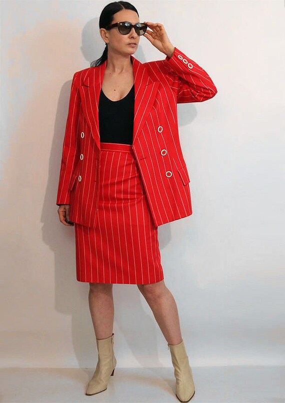 Ungaro Red and White Pinstriped Skirt Suit, Vinta… - image 5