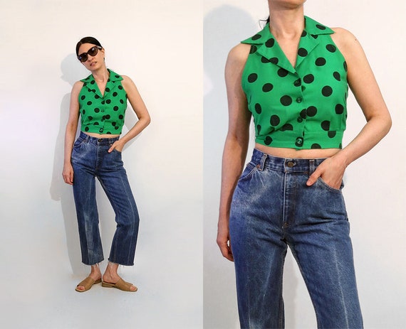 Polka Dot Cropped Top / Vintage 1980s Tiny Fit Gre
