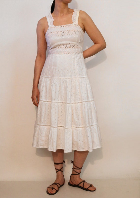 70s Broderie Anglaise White Cotton Lace Sundress … - image 7