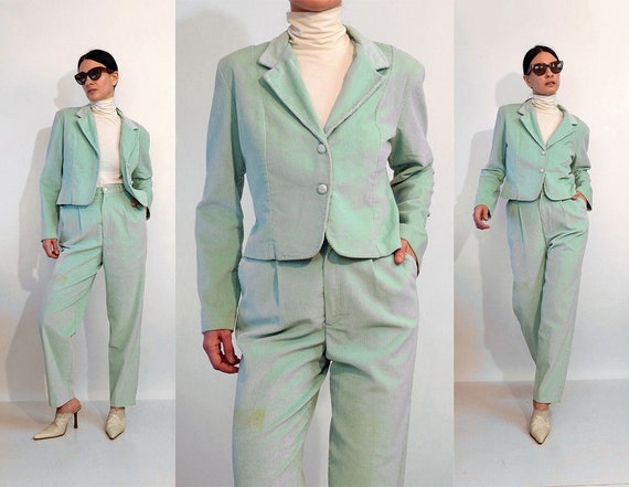 Seafoam Corduroy Pant Suit / Vintage 1970s 1980s P