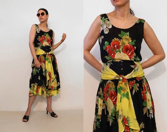 Cotton Gauze Floral 2pc Skirt Set / Vintage 1980s Black Floral Two Piece Skirt + Tank Top Matching Set / Skirt Blouse 2 Pc Outfit