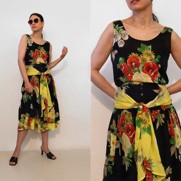 Cotton Gauze Floral 2pc Skirt Set / Vintage 1980s Black Floral Two Piece Skirt + Tank Top Matching Set / Skirt Blouse 2 Pc Outfit