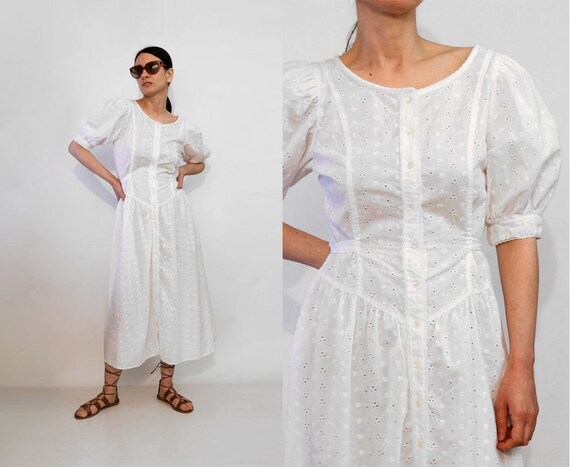 70s Eyelet Cotton Puffed Sleeve Dress / Vintage 19