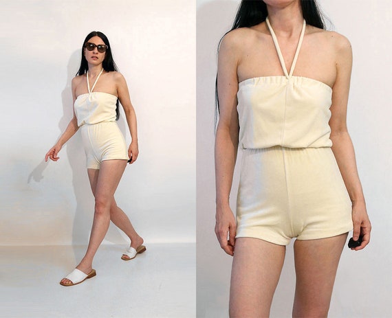 70s Vanilla Velour Shorts Romper / Vintage 1970s O