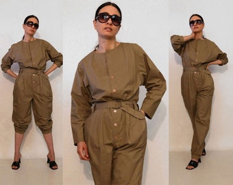 Christian Dior Coffee Cream Cotton Jumpsuit / Rare Vintage 1980s Christian Dior Actifs Cafe Au Lait Cotton Tapered Belted Coveralls Jumpsuit