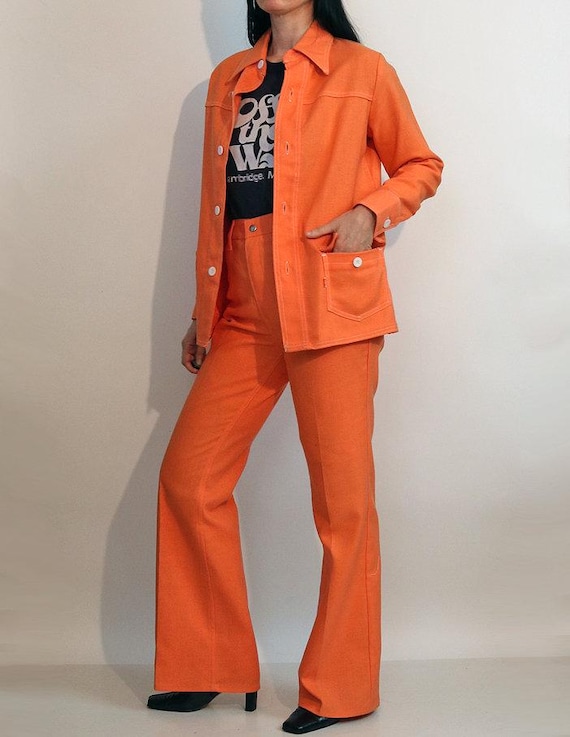 70s Levi's Big E Orange Pant Suit 27x31.5, Vintage NWT 1970s Levis Sorbet Orange Cotton Pants + Shirt Jacket Pantsuit, 2 Piece Matching Set