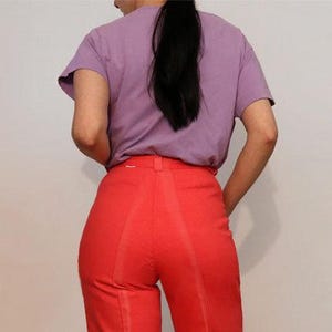 70s Melon Flared Jeans 26x30 / Vintage 1970s Watermelon Red Bell Bottom Jeans / 26 Waist Red Frayed Hem Flared Jeans