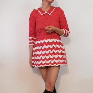 60s Guava Pointelle Crochet Wool Knit Dress , Vintage 1960s 1970s Pink and White Chevron Peter Pan Mod Mini Dress , 60s Pink Sweater Dress