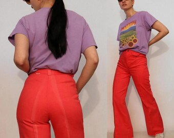 Jean évasé rouge des années 70 26 x 30, vintage des années 1970 26 taille pastèque Bell Bottoms, Idem Melon Flare Leg Demin pantalon