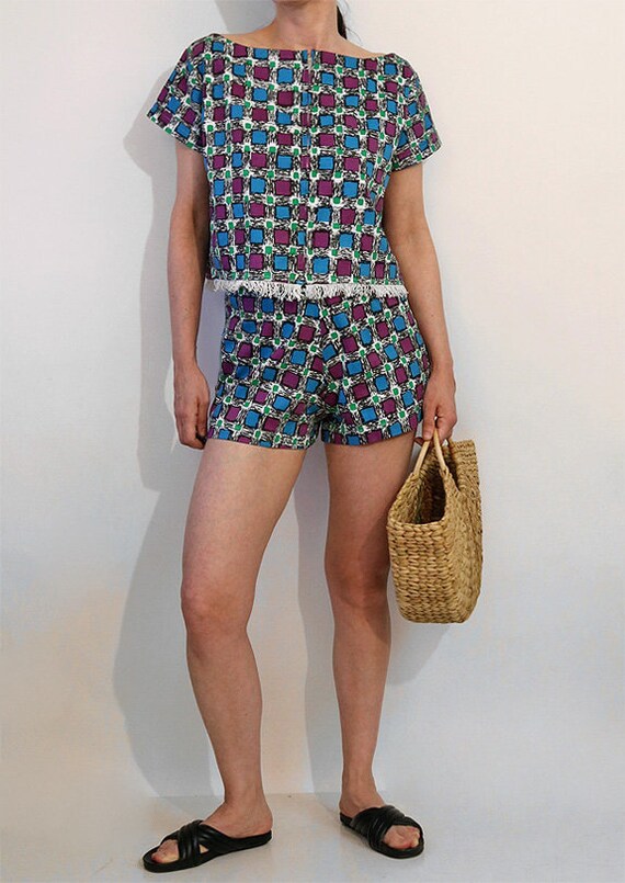 50s Checkered Cotton 2 Pc Shorts Set / Vintage 19… - image 8