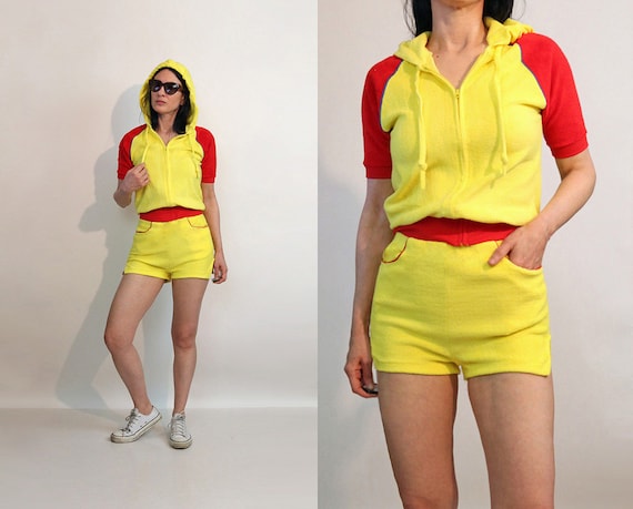 70s Color Block Shorts Set / Vintage 1970s Canary