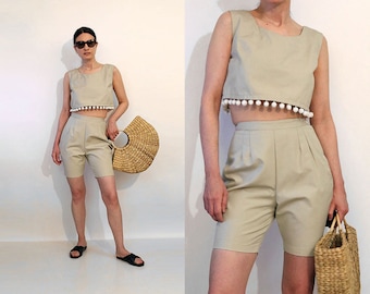 50s Taupe Cotton Shorts Set with Bobbles, Vintage 1950s 2 Piece Cropped Bobble Top + Matching Shorts, Fringed Cropped Top and Shorts Outfit