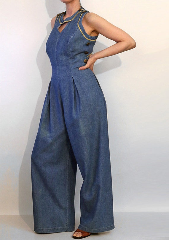 Open Back Denim Jumpsuit / Vintage 1990s Nautical… - image 4