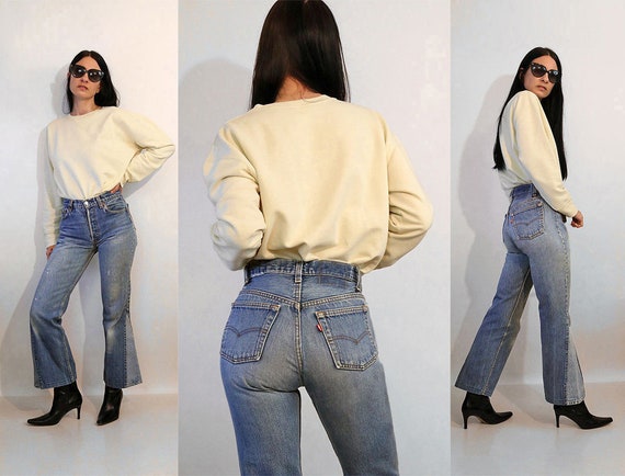 Levi's Vintage Bell Bottom Jeans 1970s Flared Denim Pants High Waist Jeans  White Tab Made in France NOS Size US 27/28 