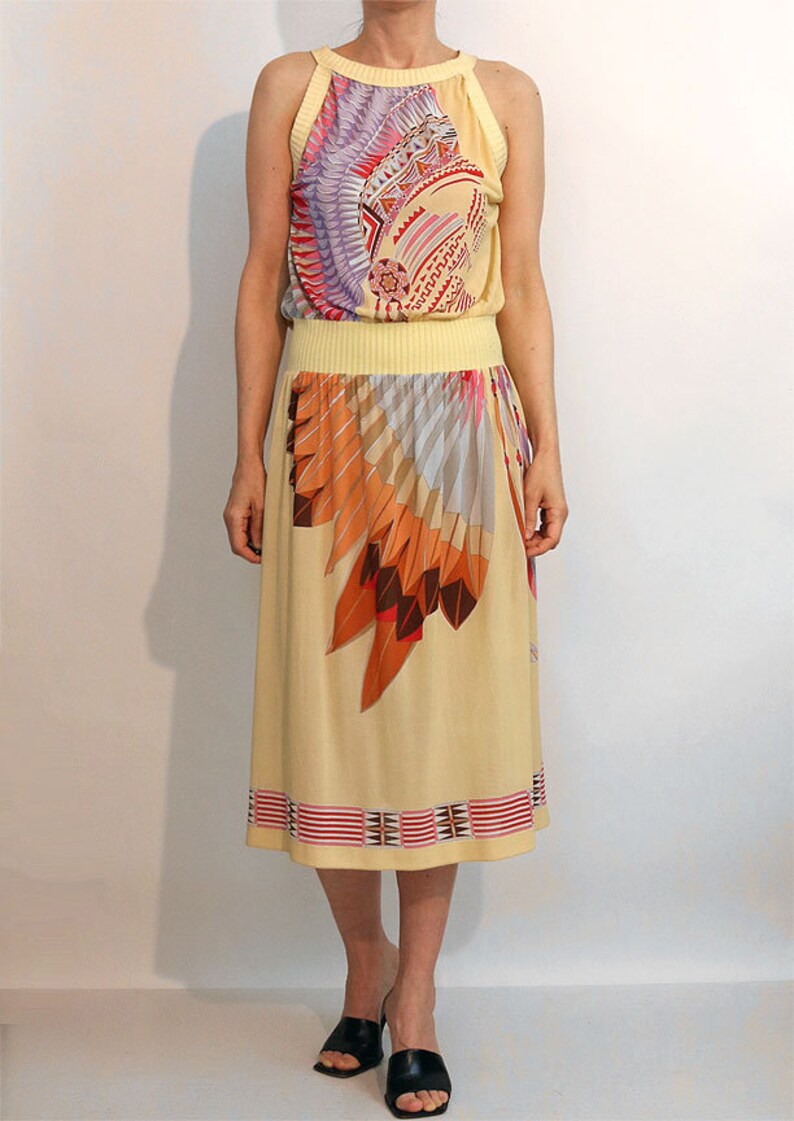 70s Italy Indian Chief Peach Gauze Dress, Vintage 1970s Native American Indian Chief with Headdress Novelty Dress, Italian Sheer Gauze Dress image 8