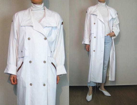 Oversized White Cotton + Leather Trench Coat / 80s