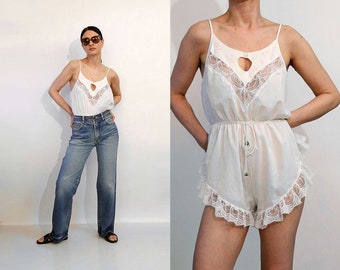 70s Embroidered Lace Gauze Romper / Vintage 1970s 1980s White Cotton Gauze Floral Embroidered Ruffled Lace Romper / Shortalls Bodysuit