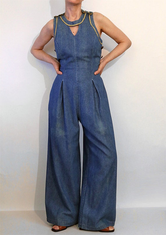 Open Back Denim Jumpsuit / Vintage 1990s Nautical… - image 2