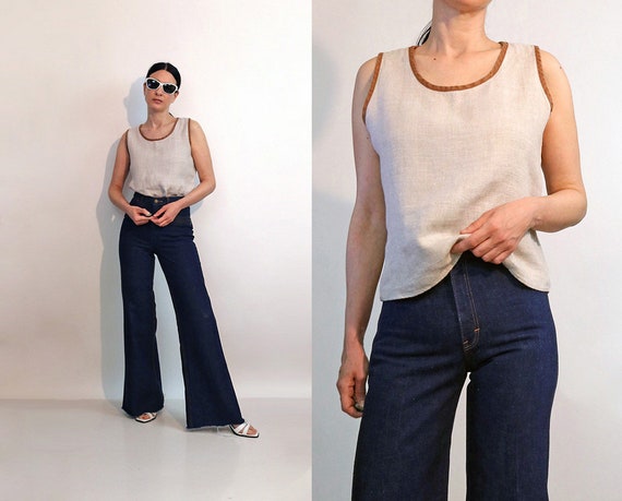 Sand Linen Piped Tank / Vintage 1980s 1990s