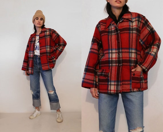 50s Plaid Wool Coat / Vintage 1950s Red Plaid Wool