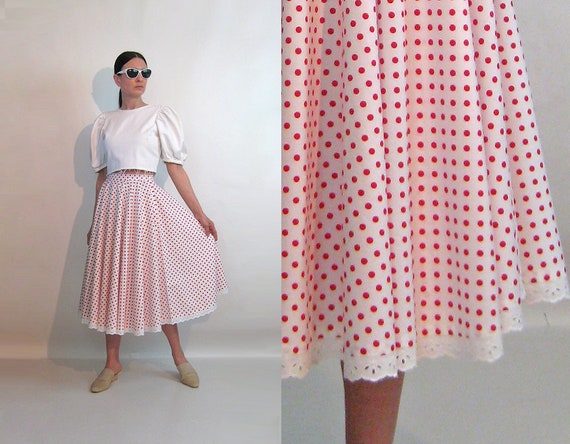 70s White Dotted Full Skirt / Vintage 1970s White